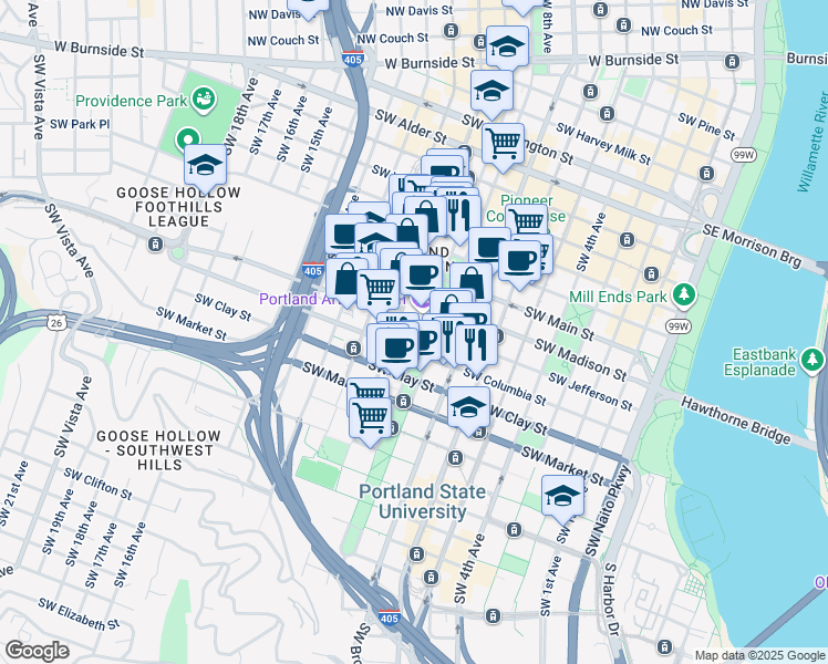map of restaurants, bars, coffee shops, grocery stores, and more near 1315 Southwest Park Avenue in Portland