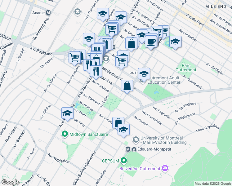map of restaurants, bars, coffee shops, grocery stores, and more near 661 Avenue Rockland in Montréal