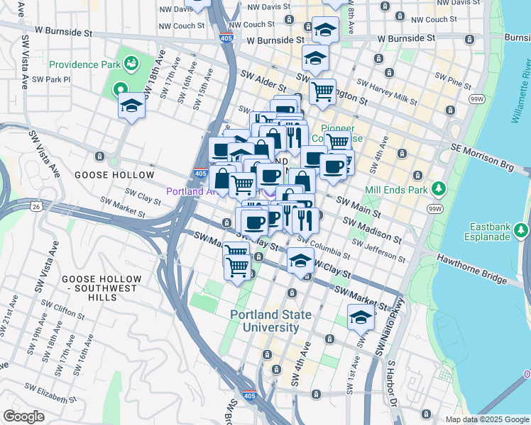 map of restaurants, bars, coffee shops, grocery stores, and more near 1315 Southwest Park Avenue in Portland