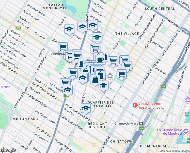 map of restaurants, bars, coffee shops, grocery stores, and more near 1711 Rue Saint-Denis in Montréal
