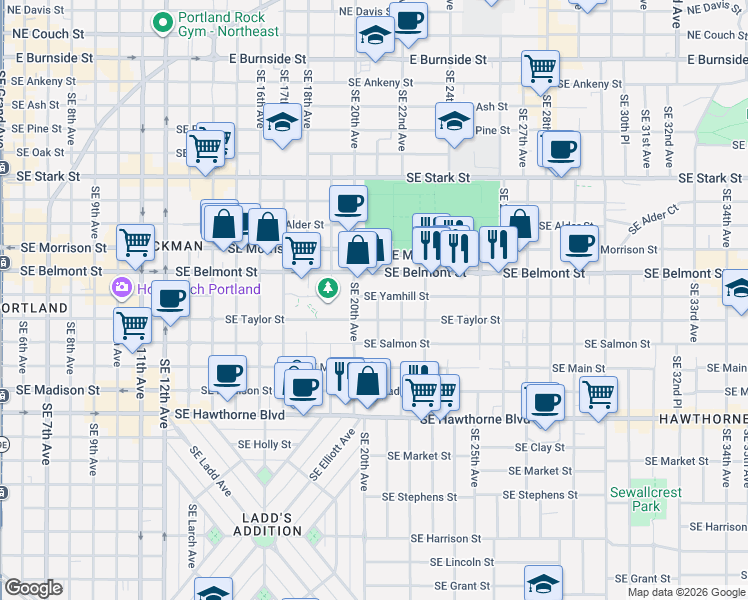 map of restaurants, bars, coffee shops, grocery stores, and more near 1003 Southeast 21st Avenue in Portland