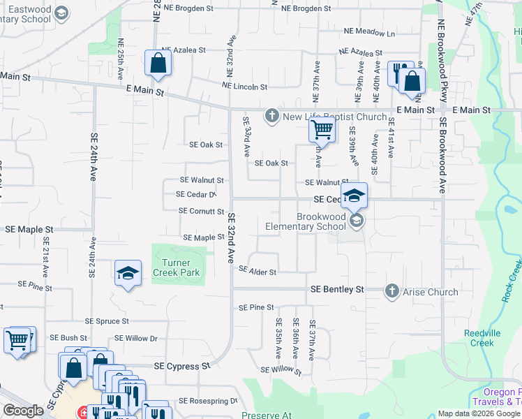 map of restaurants, bars, coffee shops, grocery stores, and more near 3372 Southeast Cedar Street in Hillsboro