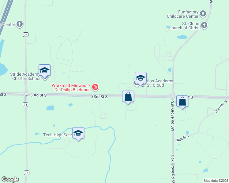 map of restaurants, bars, coffee shops, grocery stores, and more near 4059 33rd Street South in St. Cloud