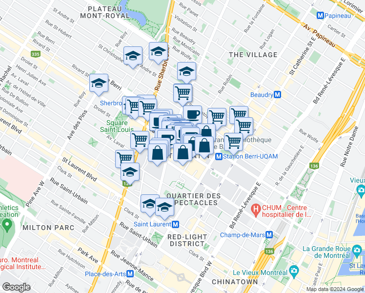 map of restaurants, bars, coffee shops, grocery stores, and more near 1711 Rue Saint-Denis in Montréal