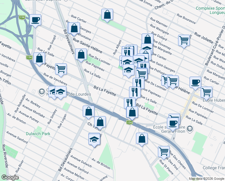 map of restaurants, bars, coffee shops, grocery stores, and more near 1149 Boulevard La Fayette in Longueuil