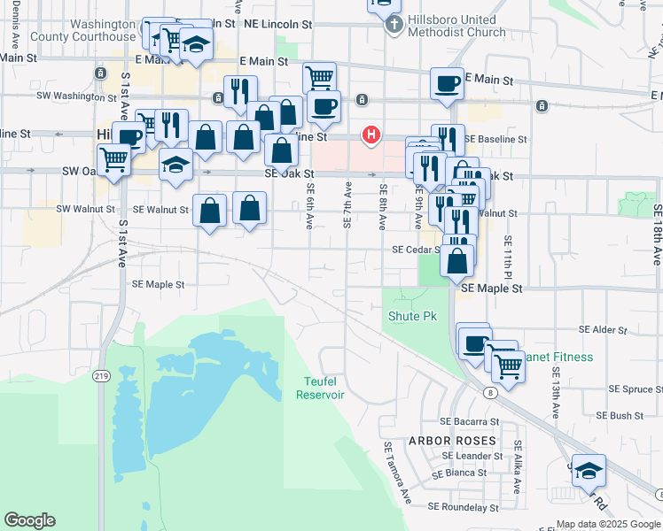 map of restaurants, bars, coffee shops, grocery stores, and more near 612 Southeast Cedar Street in Hillsboro