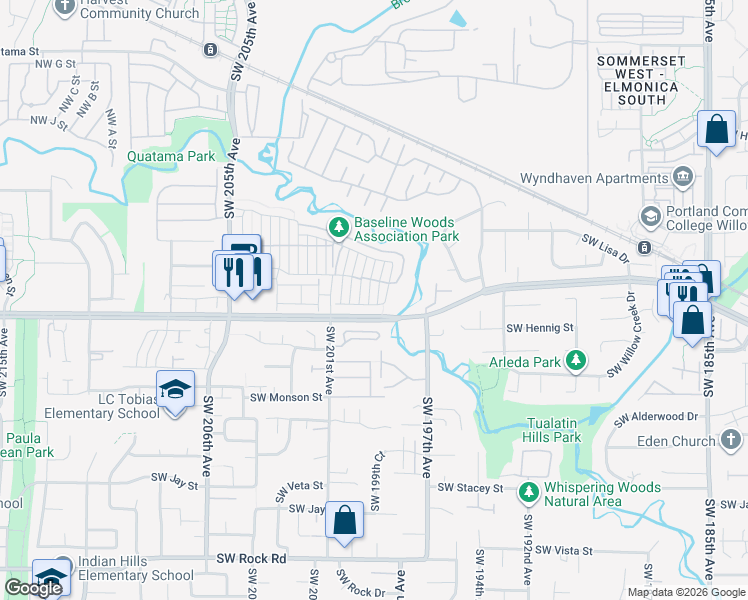 map of restaurants, bars, coffee shops, grocery stores, and more near 549 Southwest 198th Avenue in Beaverton