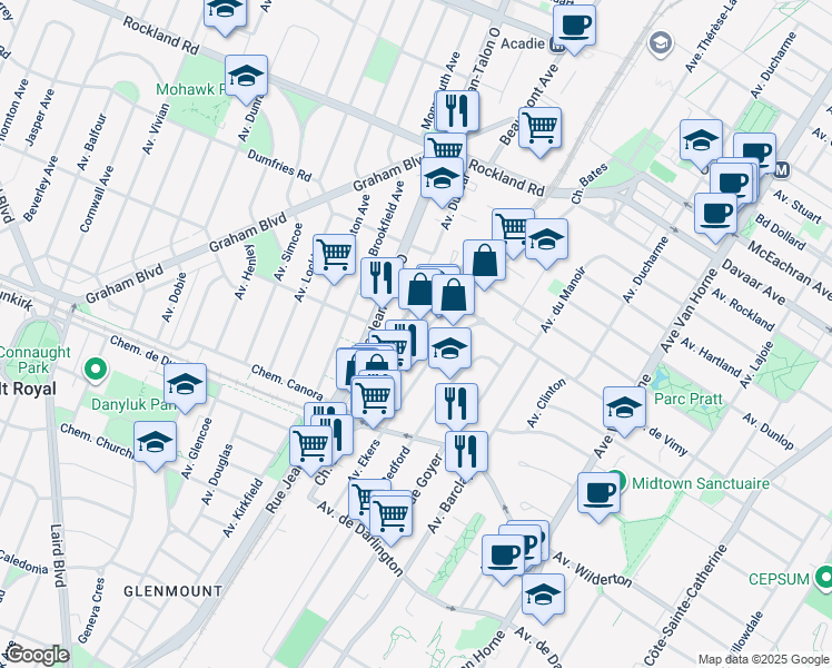 map of restaurants, bars, coffee shops, grocery stores, and more near 205 Chemin Bates in Mont-Royal