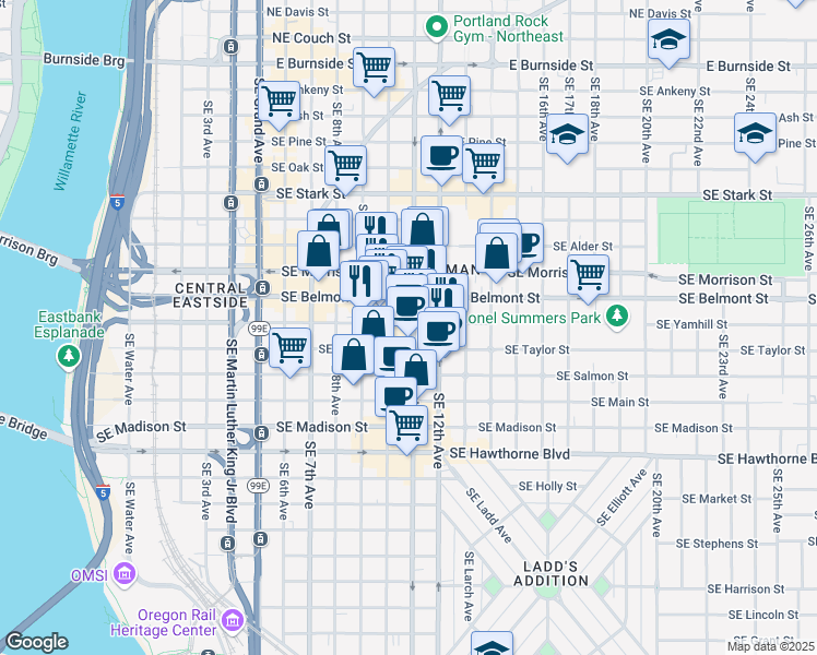 map of restaurants, bars, coffee shops, grocery stores, and more near 1025 Southeast 11th Avenue in Portland