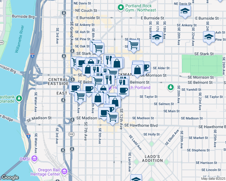 map of restaurants, bars, coffee shops, grocery stores, and more near 1025 Southeast 11th Avenue in Portland