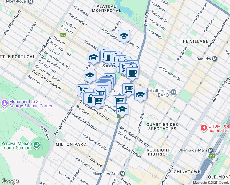map of restaurants, bars, coffee shops, grocery stores, and more near 3470 Avenue Laval in Montréal