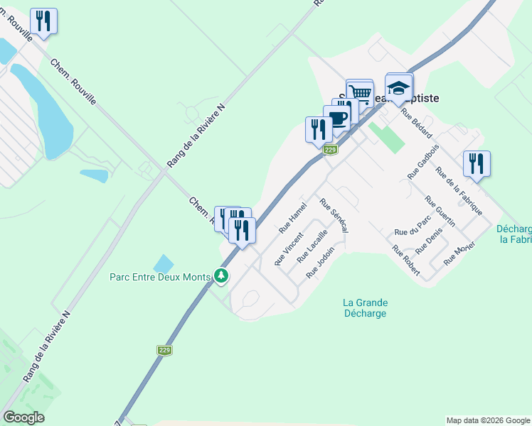 map of restaurants, bars, coffee shops, grocery stores, and more near 3505 Rue Principale in Saint-Jean-Baptiste