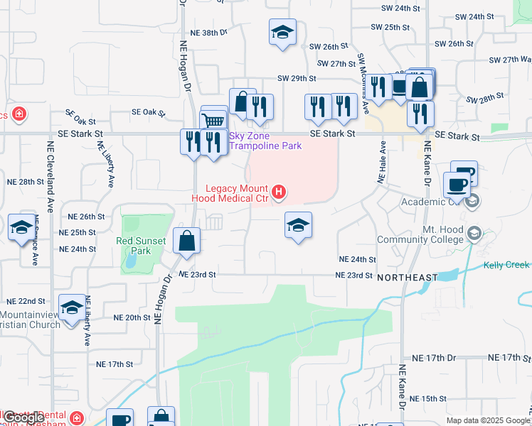 map of restaurants, bars, coffee shops, grocery stores, and more near 2400 Northeast 27th Drive in Gresham