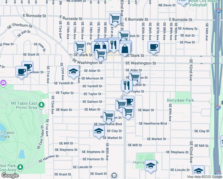 map of restaurants, bars, coffee shops, grocery stores, and more near 8112 Southeast Yamhill Street in Portland