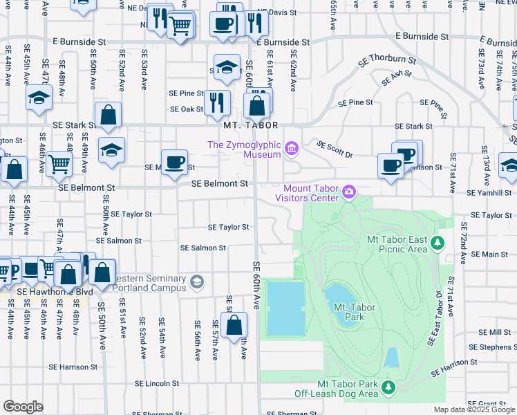 map of restaurants, bars, coffee shops, grocery stores, and more near 1001 Southeast 60th Avenue in Portland