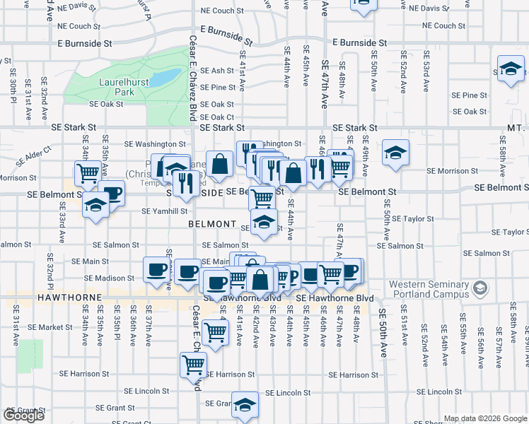 map of restaurants, bars, coffee shops, grocery stores, and more near 4215 Southeast Yamhill Street in Portland