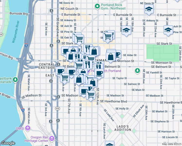 map of restaurants, bars, coffee shops, grocery stores, and more near 975 Southeast 11th Avenue in Portland