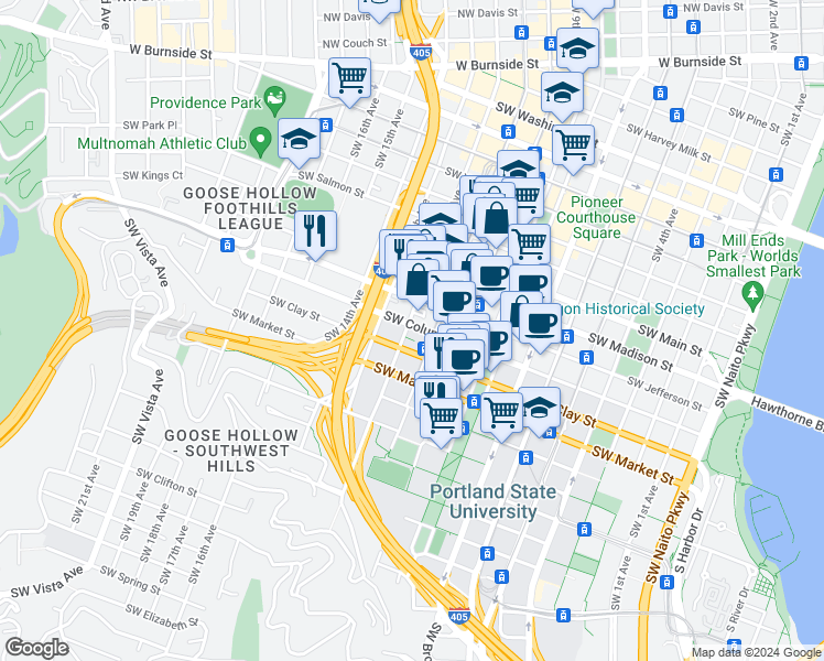 map of restaurants, bars, coffee shops, grocery stores, and more near 1129 Southwest Columbia Street in Portland