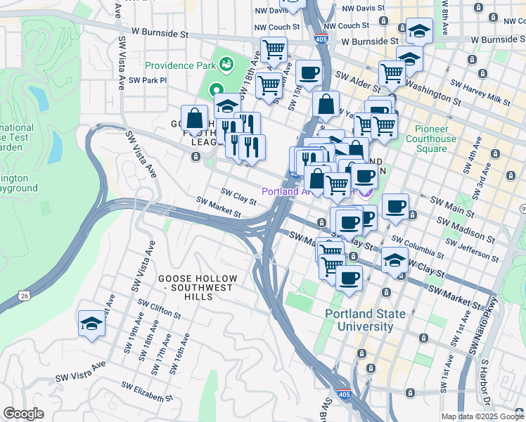 map of restaurants, bars, coffee shops, grocery stores, and more near 1425 Southwest Clay Street in Portland