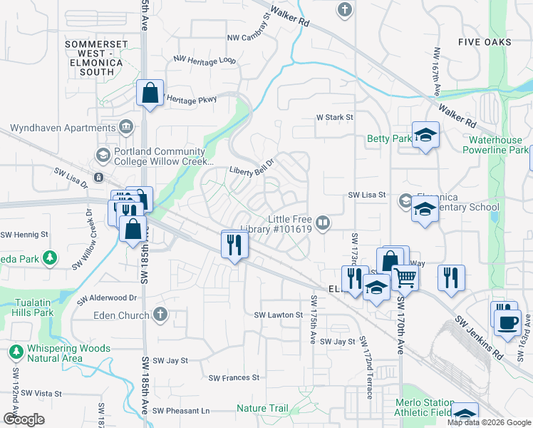 map of restaurants, bars, coffee shops, grocery stores, and more near 470 Southwest Boston Way in Beaverton