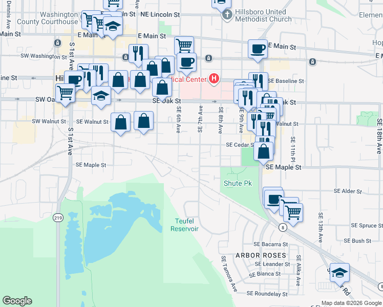 map of restaurants, bars, coffee shops, grocery stores, and more near 612 Southeast Cedar Street in Hillsboro