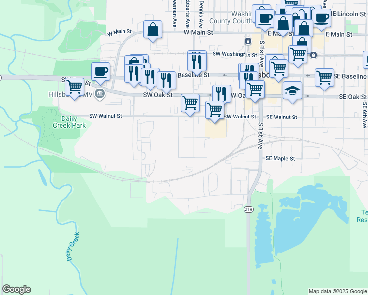 map of restaurants, bars, coffee shops, grocery stores, and more near 545 Southwest Cedar Street in Hillsboro