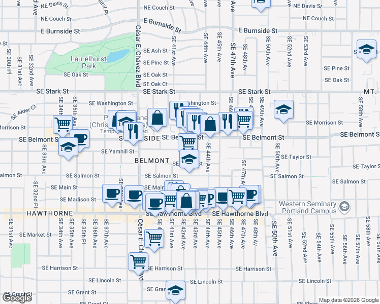 map of restaurants, bars, coffee shops, grocery stores, and more near 4215 Southeast Yamhill Street in Portland