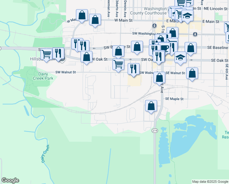 map of restaurants, bars, coffee shops, grocery stores, and more near 545 Southwest Cedar Street in Hillsboro