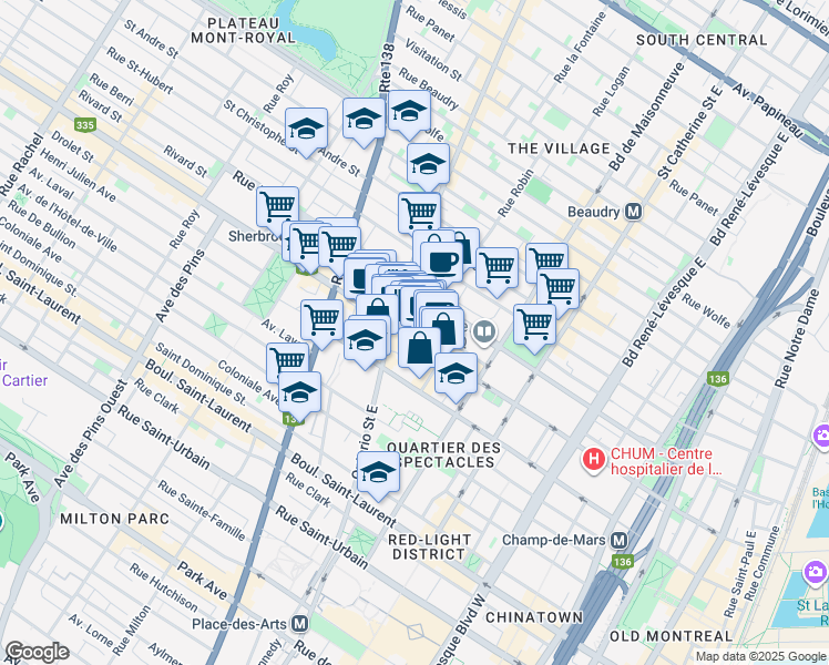 map of restaurants, bars, coffee shops, grocery stores, and more near 1733 Rue Saint-Denis in Montréal