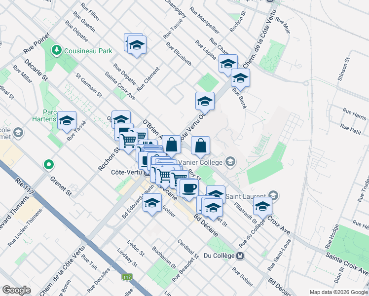 map of restaurants, bars, coffee shops, grocery stores, and more near 960 Avenue Sainte-Croix in Montréal