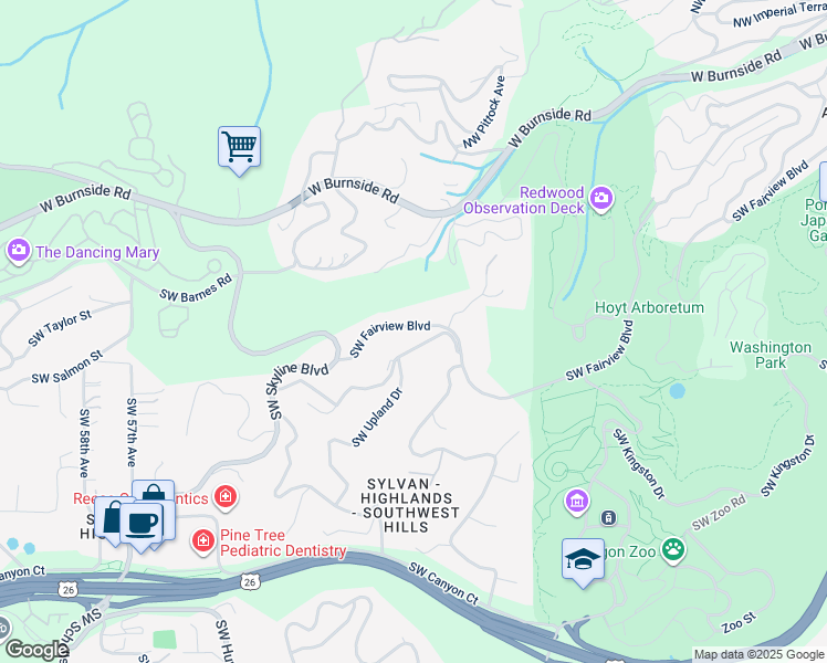 map of restaurants, bars, coffee shops, grocery stores, and more near 4543 Southwest Fairview Boulevard in Portland