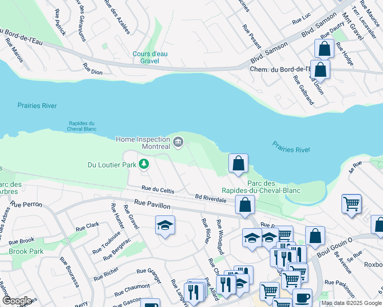 map of restaurants, bars, coffee shops, grocery stores, and more near 5261 Rue Riviera in Montreal