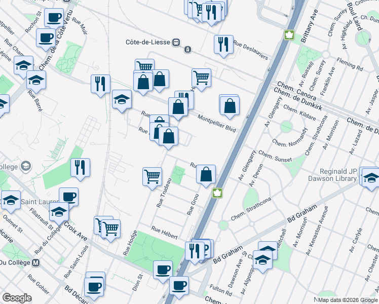 map of restaurants, bars, coffee shops, grocery stores, and more near 190 Carré Benoit in Montréal
