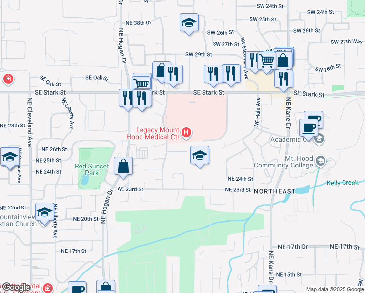 map of restaurants, bars, coffee shops, grocery stores, and more near 2400 Northeast 27th Drive in Gresham