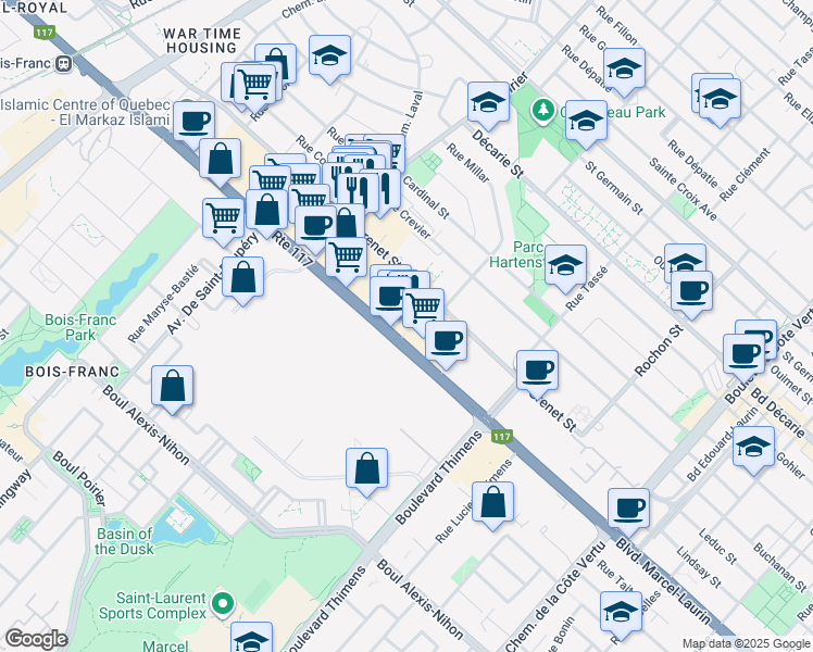 map of restaurants, bars, coffee shops, grocery stores, and more near 1555 Boulevard Marcel-Laurin in Montréal