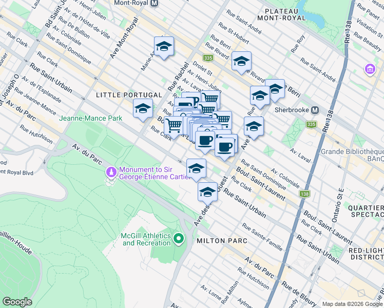 map of restaurants, bars, coffee shops, grocery stores, and more near 3904 Rue Clark in Montréal