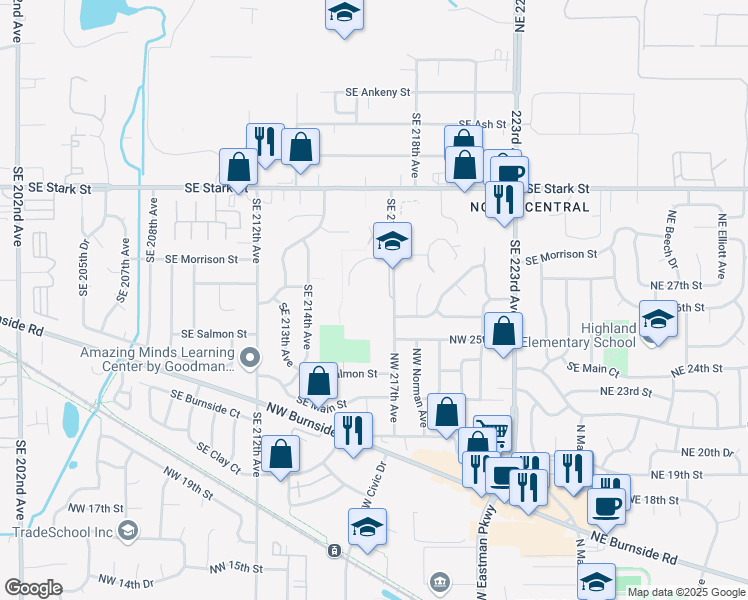 map of restaurants, bars, coffee shops, grocery stores, and more near 1001 Southeast 217th Avenue in Gresham