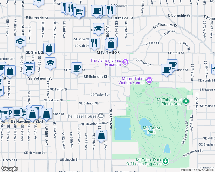map of restaurants, bars, coffee shops, grocery stores, and more near 1001 Southeast 60th Avenue in Portland