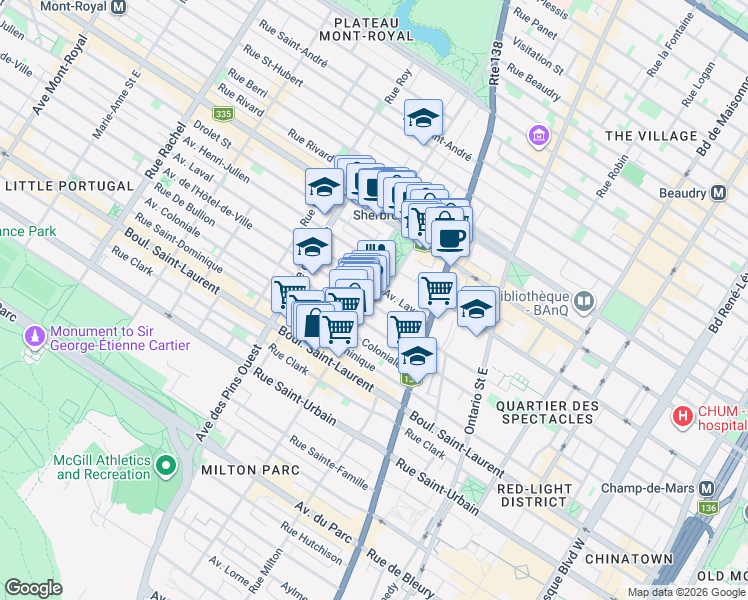 map of restaurants, bars, coffee shops, grocery stores, and more near in Montreal