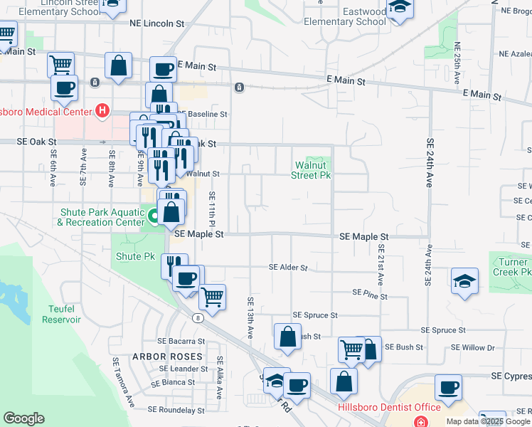 map of restaurants, bars, coffee shops, grocery stores, and more near 1374 Southeast Cedar Street in Hillsboro