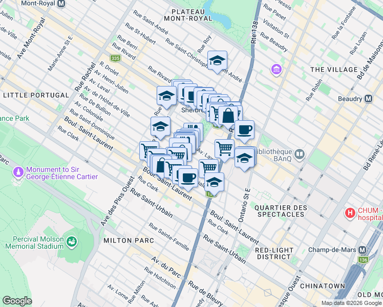 map of restaurants, bars, coffee shops, grocery stores, and more near 212 Rue Prince-Arthur Est in Montréal