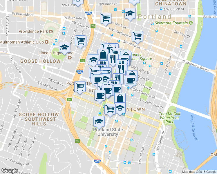 map of restaurants, bars, coffee shops, grocery stores, and more near 1310 Southwest Park Avenue in Portland