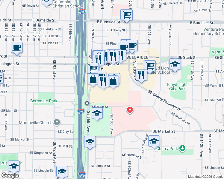 map of restaurants, bars, coffee shops, grocery stores, and more near 9800 Southeast Washington Street in Portland