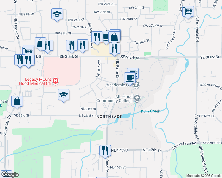 map of restaurants, bars, coffee shops, grocery stores, and more near 3316 Northeast 29th Street in Gresham