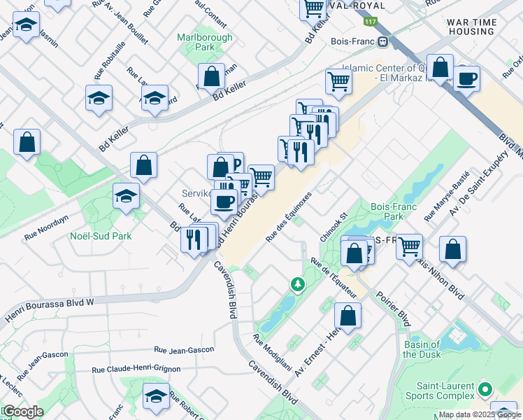 map of restaurants, bars, coffee shops, grocery stores, and more near in Montreal