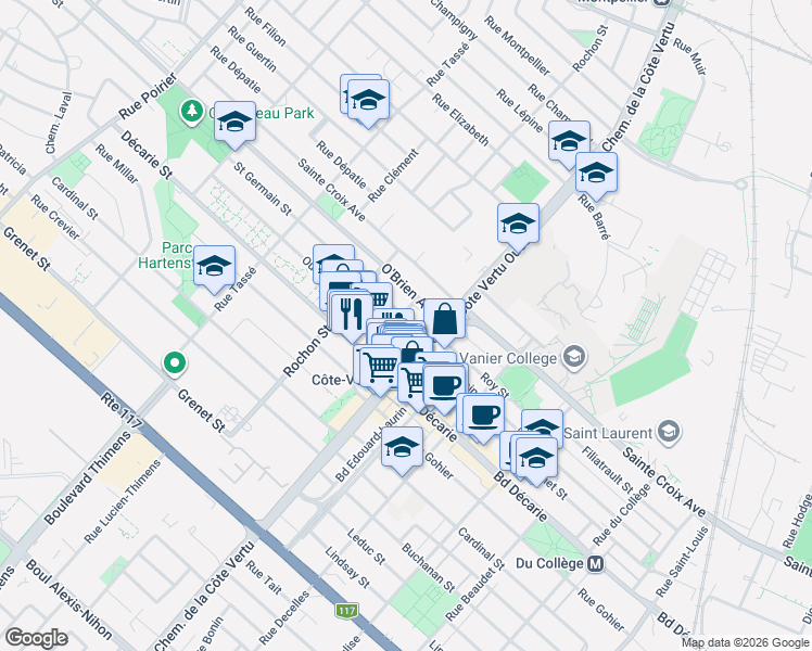 map of restaurants, bars, coffee shops, grocery stores, and more near 1060 Rue Saint-Germain in Montréal