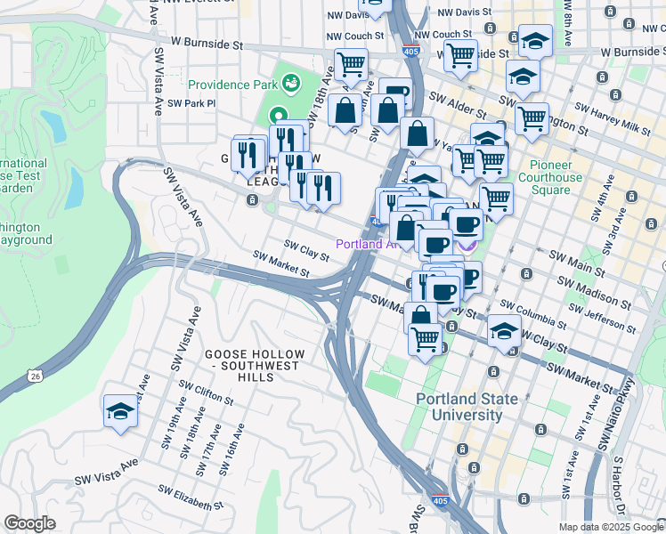 map of restaurants, bars, coffee shops, grocery stores, and more near 1425 Southwest Clay Street in Portland