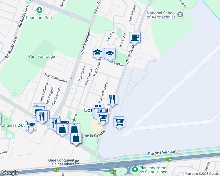 map of restaurants, bars, coffee shops, grocery stores, and more near in Longueuil