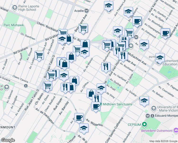 map of restaurants, bars, coffee shops, grocery stores, and more near 955 Avenue Pratt in Montréal