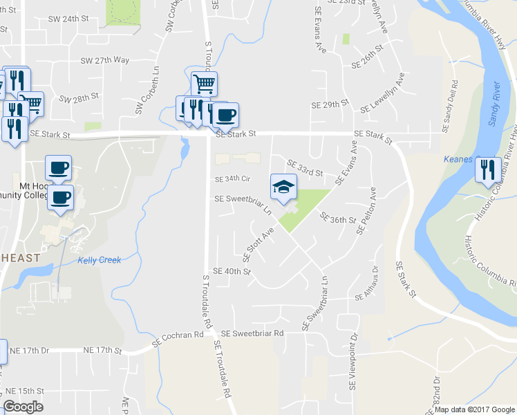 map of restaurants, bars, coffee shops, grocery stores, and more near 412 Southeast Sweetbriar Lane in Troutdale